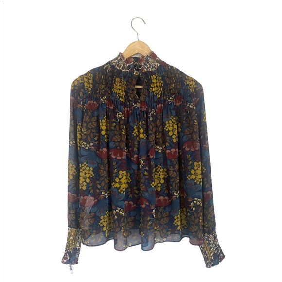 Zara Trafaluc Blouse Long Sleeve Floral Fall colors ruched neck and sleeves XS - Picture 5 of 11